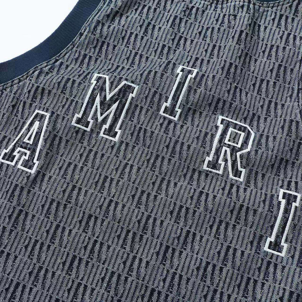 Amiri Men's Summer Blue Denim Jacquard Fabric Crew Neck Sleeveless T-Shirt #77699