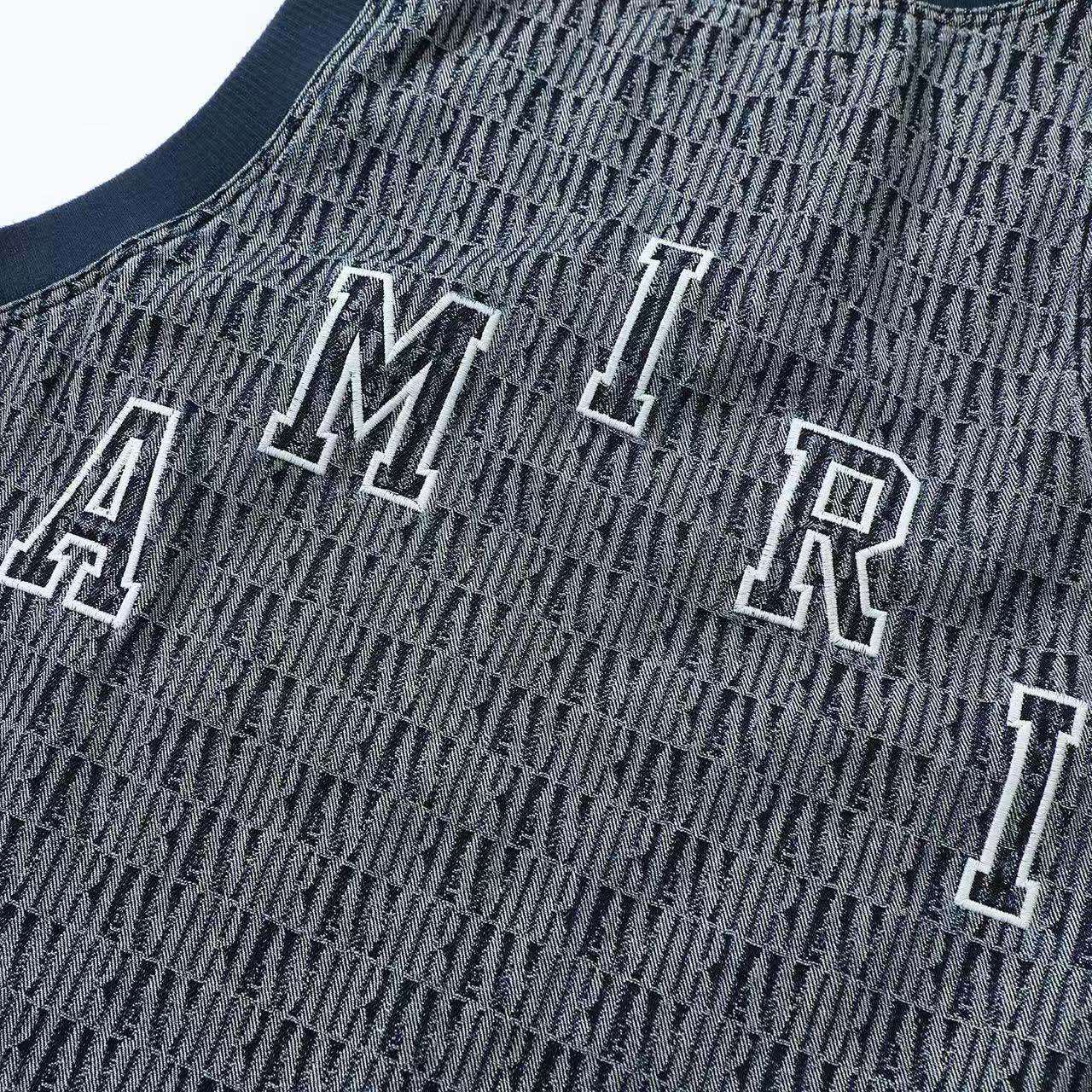 Amiri Men's Summer Blue Denim Jacquard Fabric Crew Neck Sleeveless T-Shirt #77699