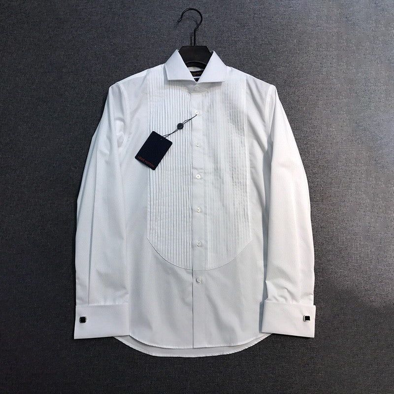 Louis Vuitton Men's All Seasons Solid Color Flip Leader Button Pleated Shirt Formal Long Sleeve Shirt Black White Ngvp #7614