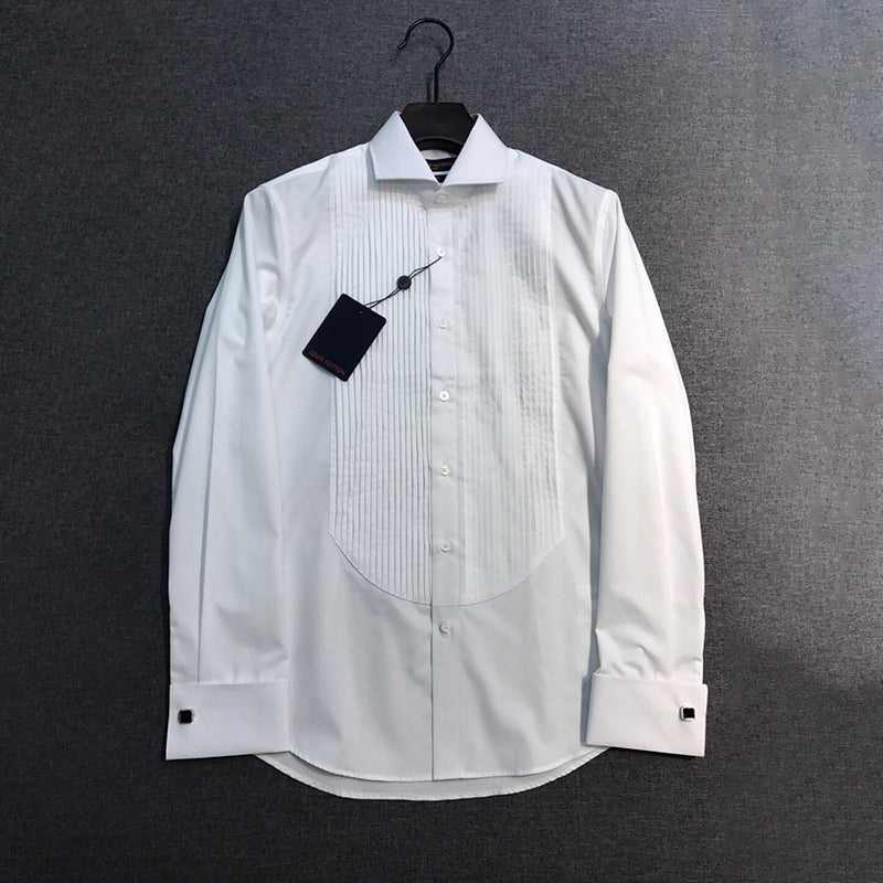 Louis Vuitton Men's All Seasons Solid Color Flip Leader Button Pleated Shirt Formal Long Sleeve Shirt Black White Ngvp #7614