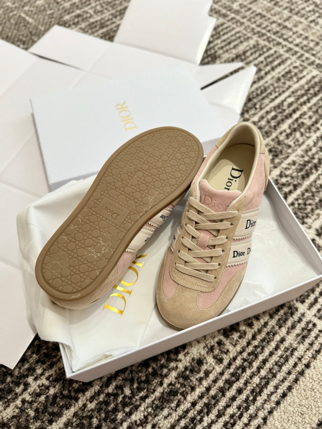 DIOR Dior Ribbon Sneaker Pink and Beige Suede Calfskin #381517