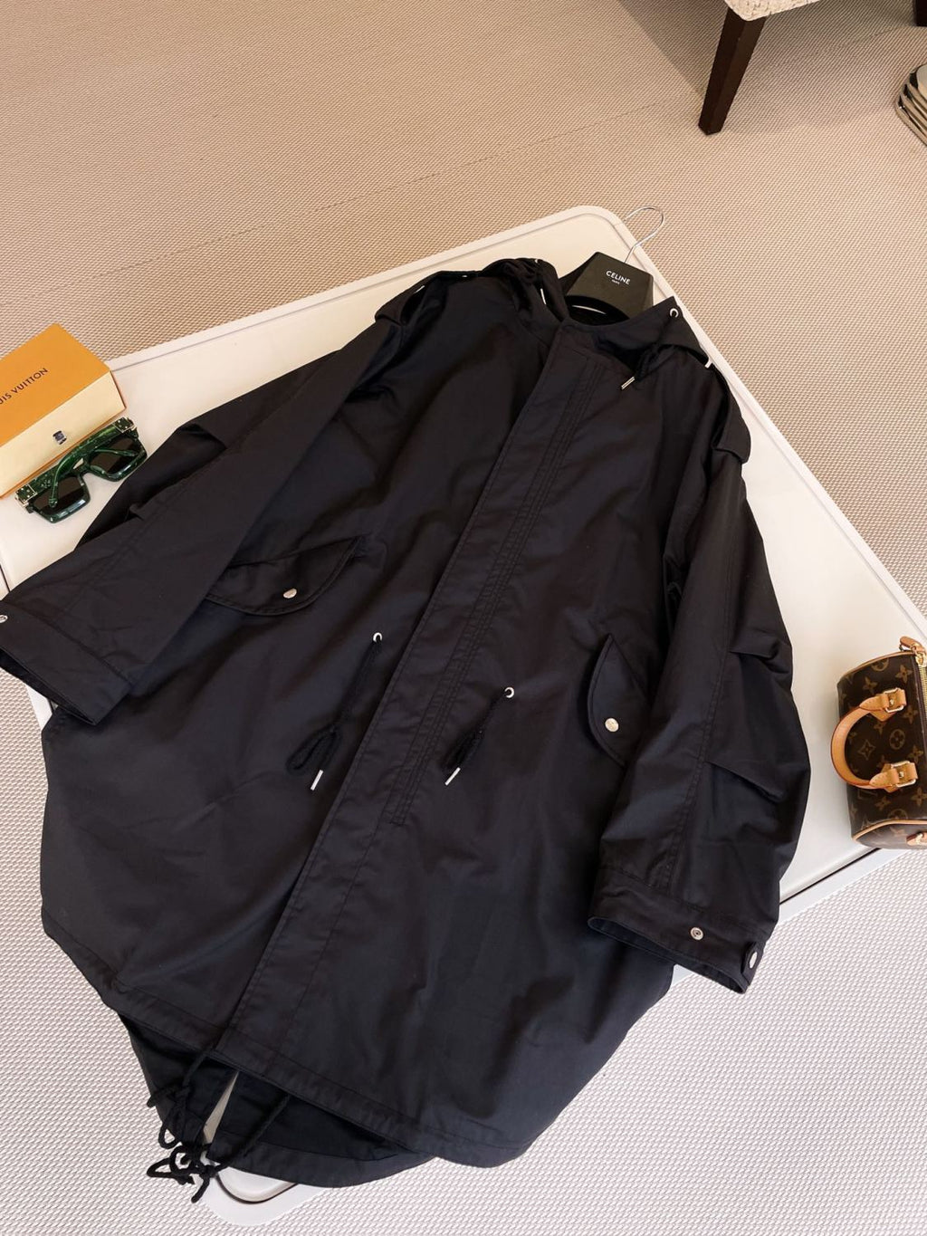 Celine Men's Spring and Autumn Black Hooded Pocket Zipper Parker Windbreaker Jacket #73178