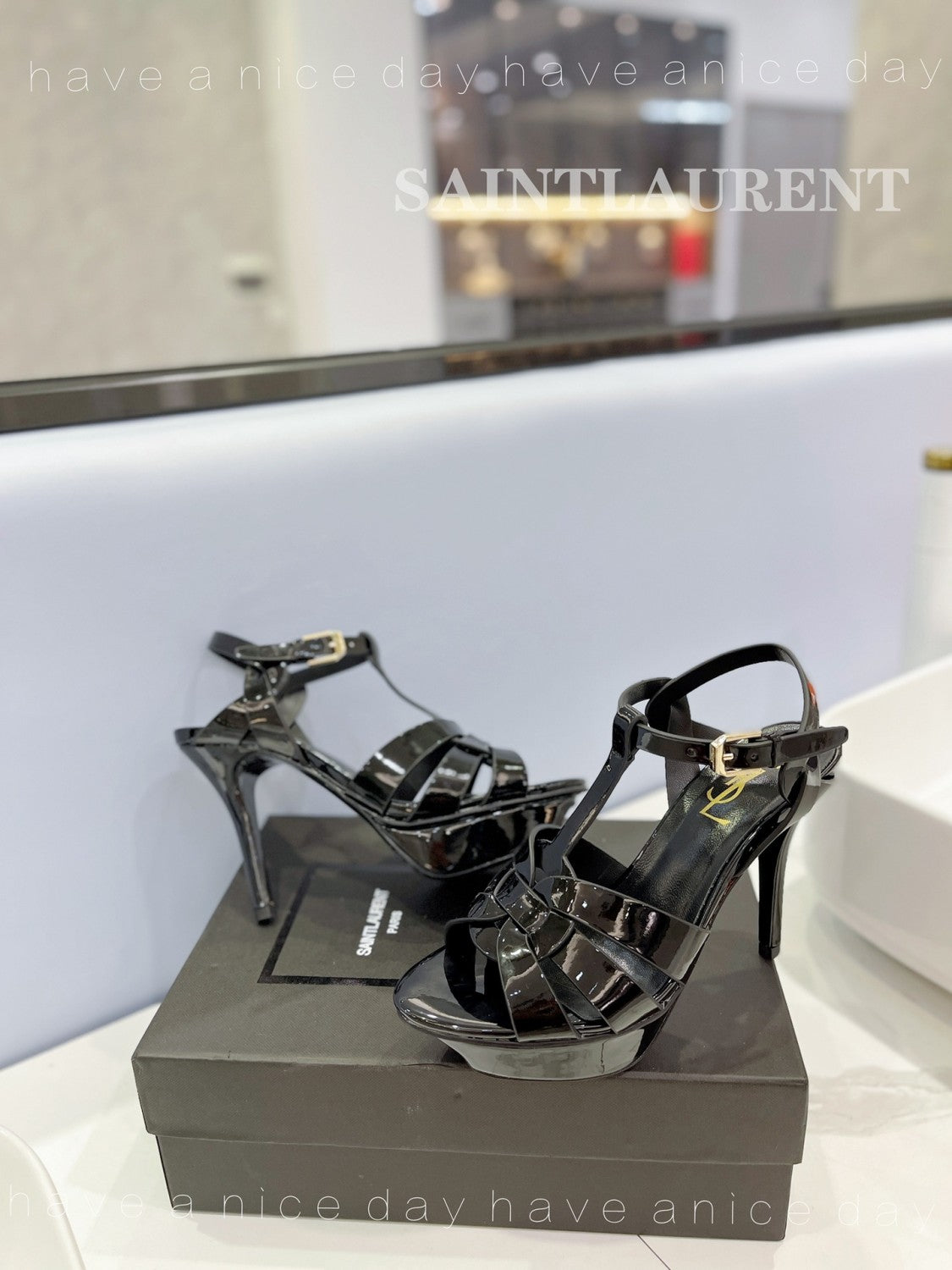 SAINT LAURENT TRIBUTE Women's Summer Solid Color Glossy Leather Strappy High Heel Sandals Shoes #77495