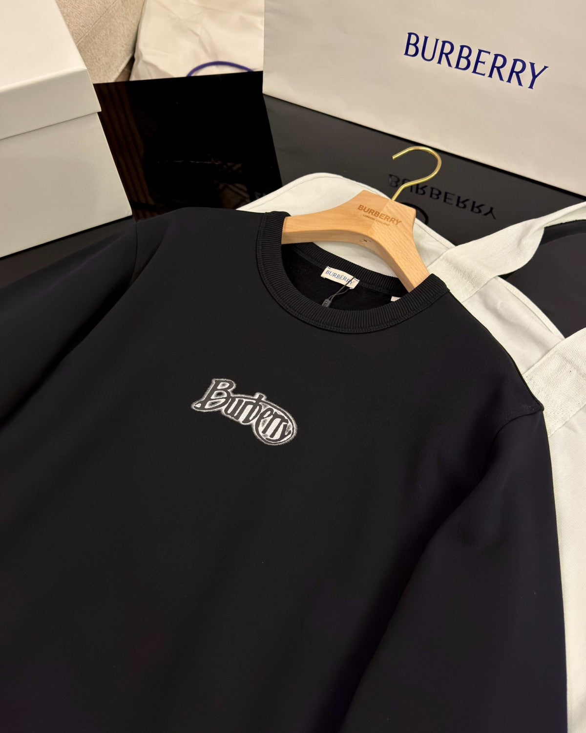 Burberry Men's Spring and Autumn Black Letter Logo Pattern Printed Round Neck Long Sleeve Sweatshirt Elastic Drawstring Casual Pants Suit Set #74235