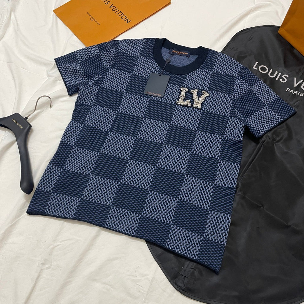 Louis Vuitton Men's and Women's Summer Checkerboard Printed Beaded Logo Printed Round Neck Short Sleeve T-Shirt #75187