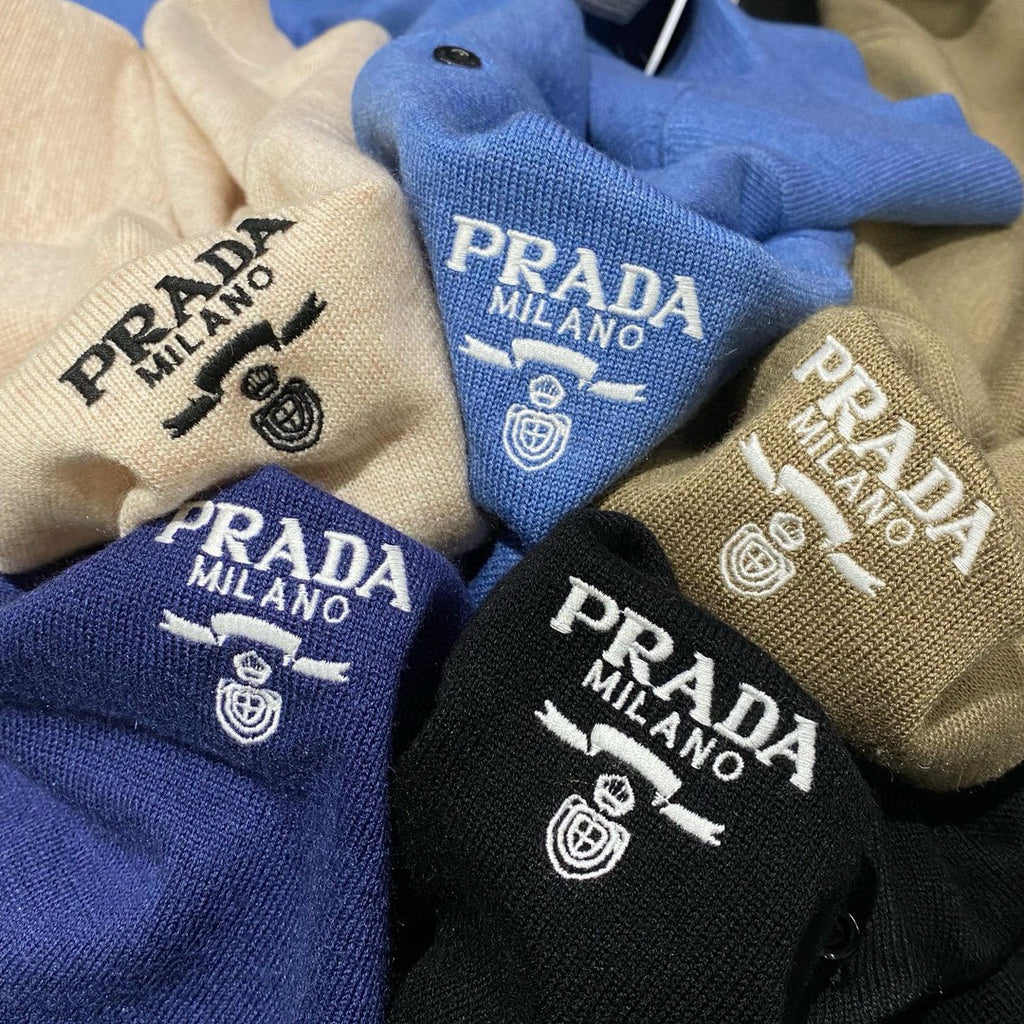 Prada Men's Summer Solid Color Embroidered Logo Wool Knit Polo Shirt Short Sleeve T-Shirt #98532