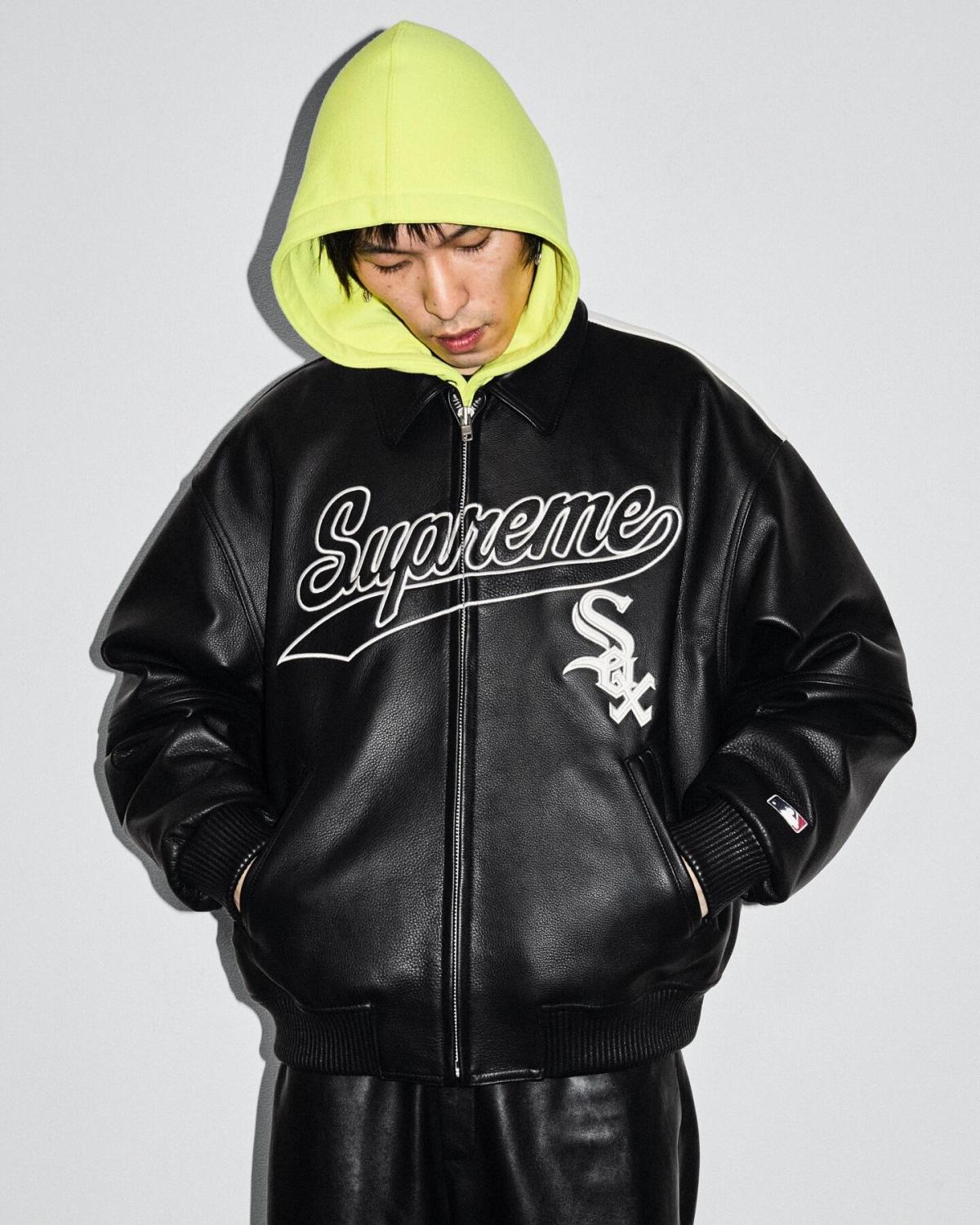 Supreme x Chicago White Sox FW25 WEEK5  Men's and Women's Leather Logo Patch Zipper Closure Varsity Jacket #332978