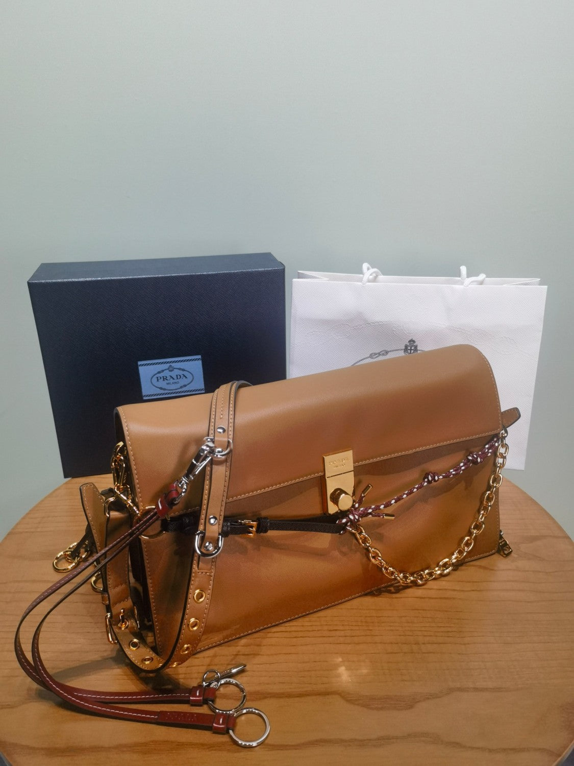 Prada Soft Sound Women's Metal Parts Snap Button Flap Closure Solid Color Leather Crossbody Shoulder Bag Bags #76359