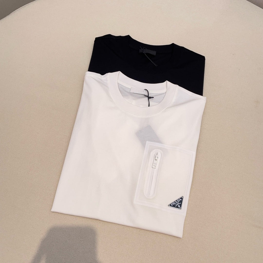 Prada Men's And Women's Summer Solid Color Zipper Pocket Round Neck Cotton Short Sleeve T-shirt #72155