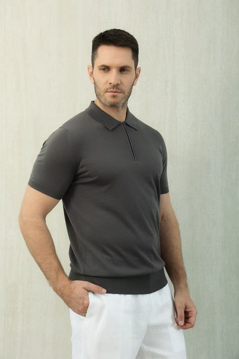 Loro Piana Men's Summer Solid Color Half Zip Straight Short Sleeve Polo Shirt Ngvp #1555
