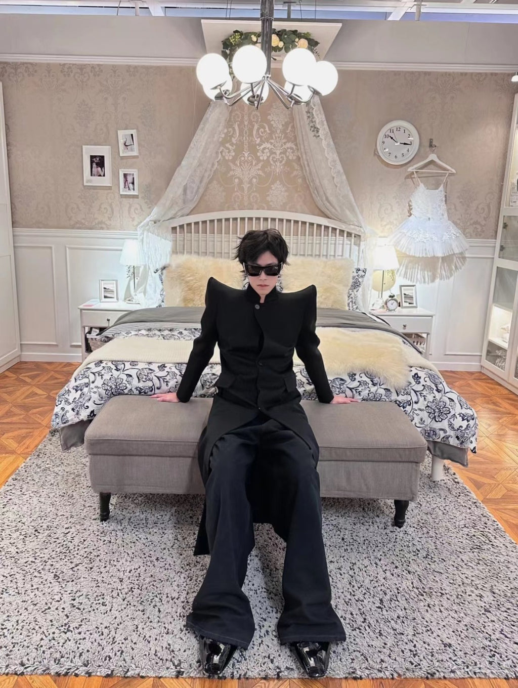 Rick Owens Men's Retro High Padded Shoulder Pointed Corner Suit Black Long Standing Lapel Fashion High Street Handsome Single Breasted Jacket #71991