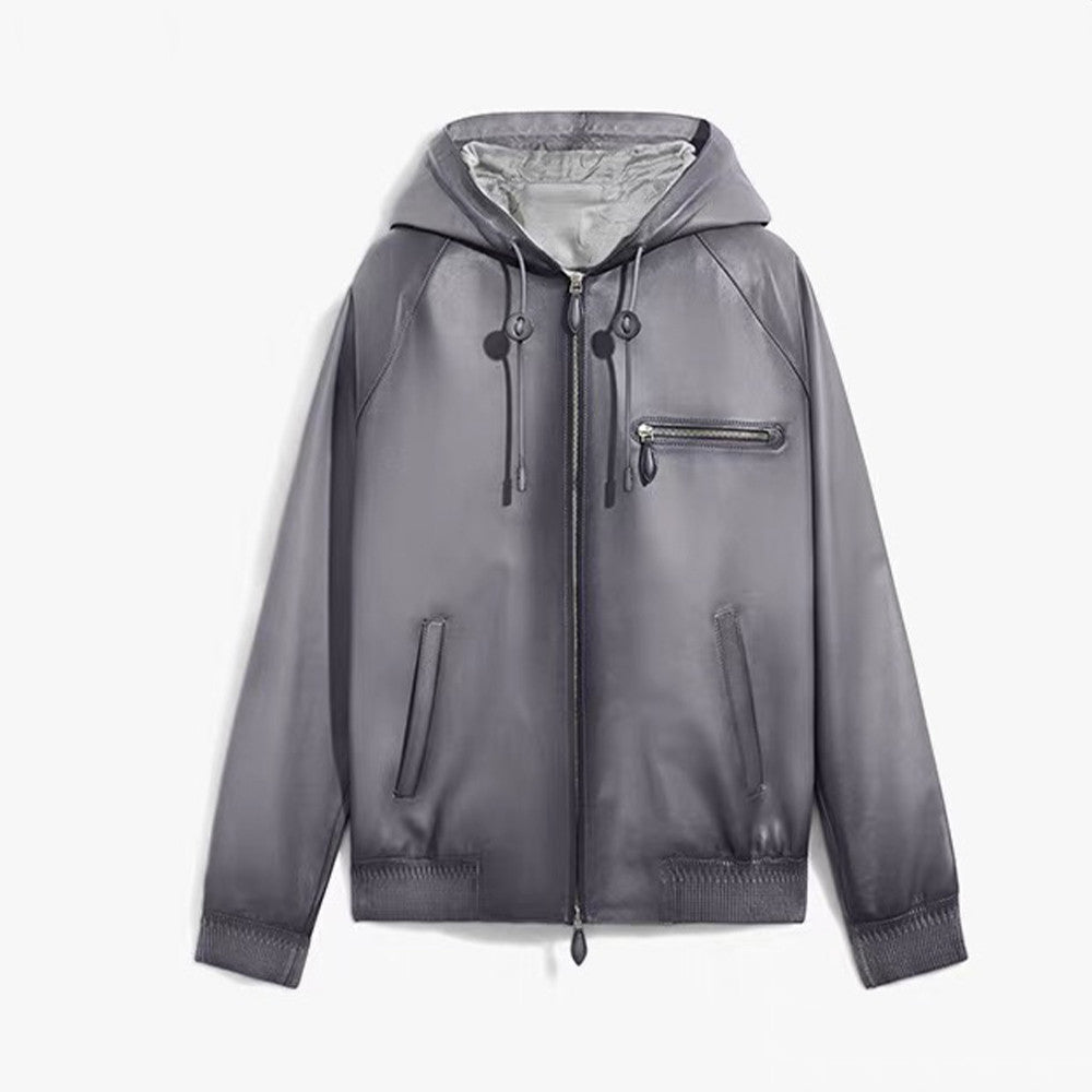 Berluti Men's Autumn And Winter Fashion Solid Color Sheepskin Zipper Long Sleeve Casual Alternative Hooded Leather Jacket Ngvp #9183