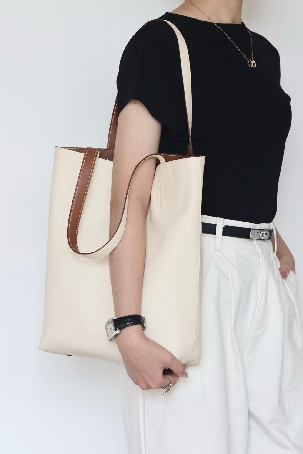 Hermes Women's Double Sensneo Calfskin Shoulder Bag Fashionable Color-Blocked Open Bag Double-Sided Tote Bag With Makeup Bag Bags Ngvp H086707CAAL #2277