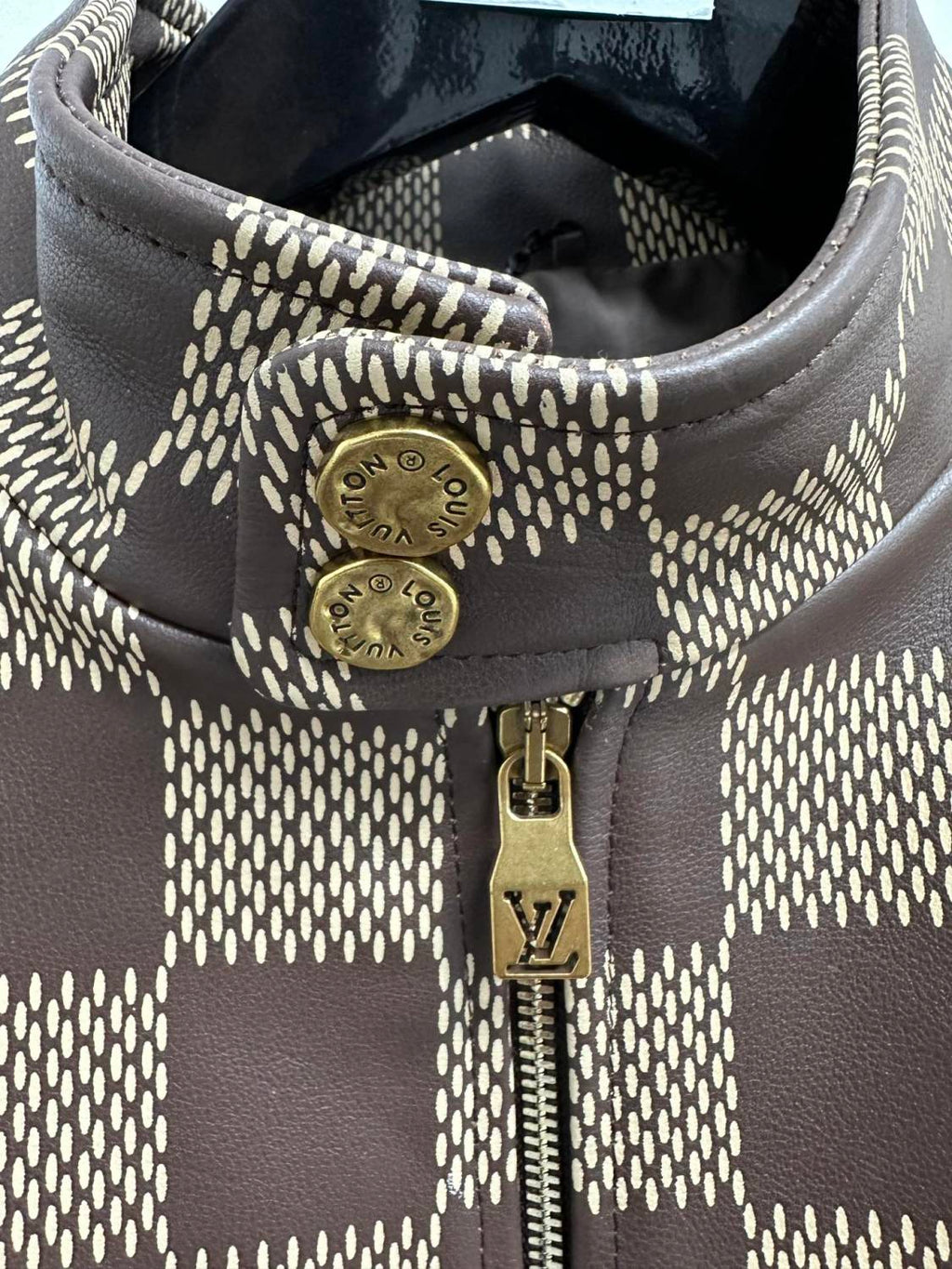 Louis Vuitton Men's Fall And Winter Brown Checkerboard Pattern Collar Zipper Cowhide Long Sleeved Jacket #72772