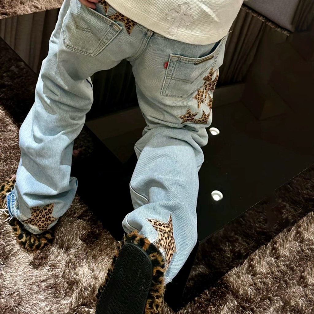 Chrome Hearts Men's Women's Spring/summer Leopard Pentagram Tannin Denim Metal Button Casual Straight Leg Pants Ngvp #7875