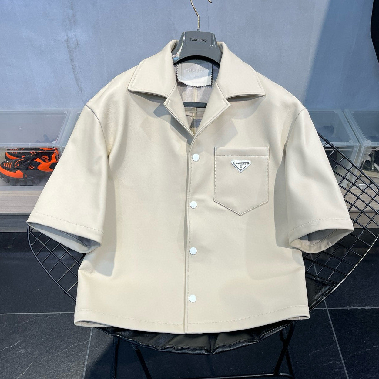 Prada Men's Summer Solid Color Leather Single Breasted Short Sleeve Shirt Stretch Shorts Set Suit #98895