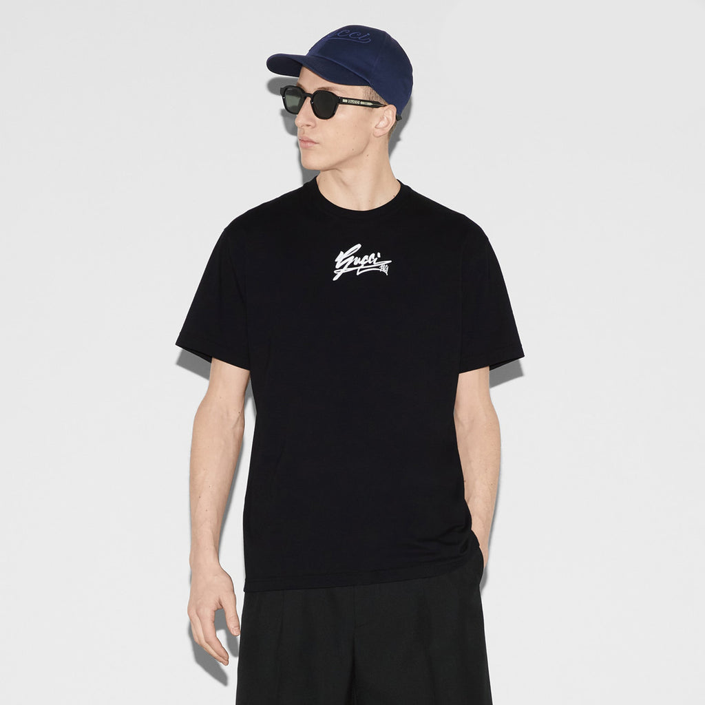 Gucci Men's Spring And Summer All Black Letters Printed Knitted Cotton T-shirt Retro Fashion Loose Short-sleeved T-shirt #71485