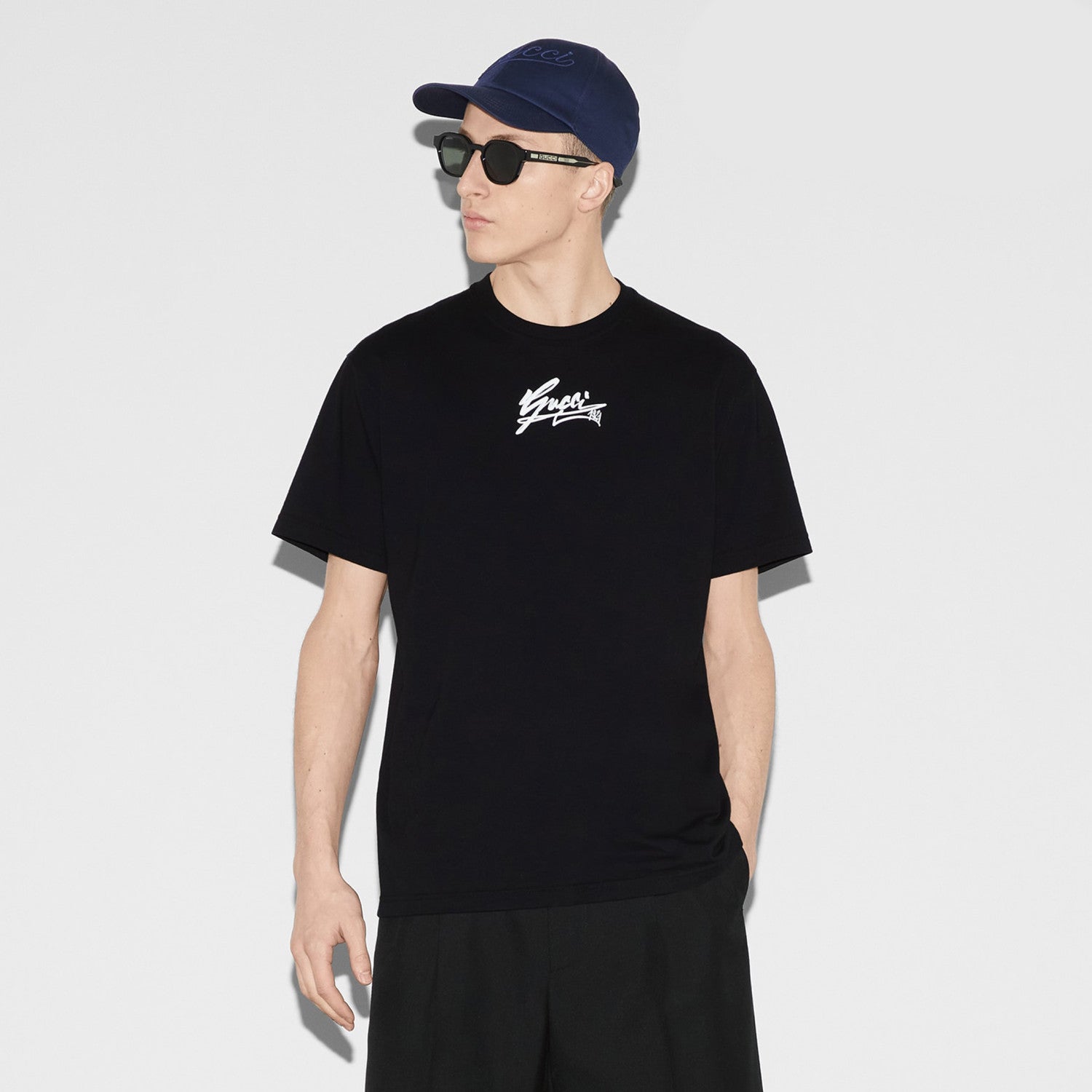 Gucci Men's Spring And Summer All Black Letters Printed Knitted Cotton T-shirt Retro Fashion Loose Short-sleeved T-shirt #71485