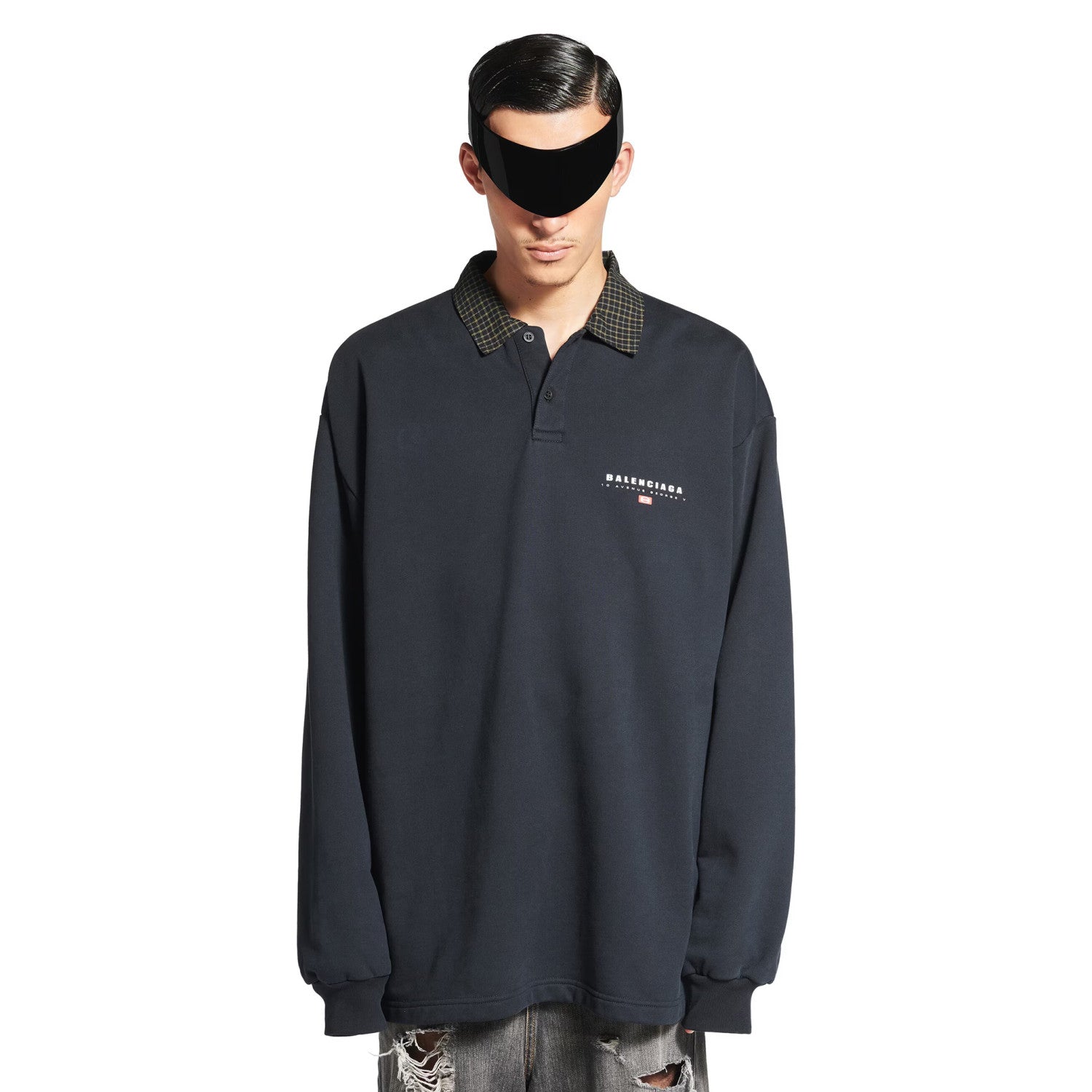 Balenciaga Men's Spring/Summer Solid Color Plaid Polo Neck Long Sleeve T-Shirt #75897