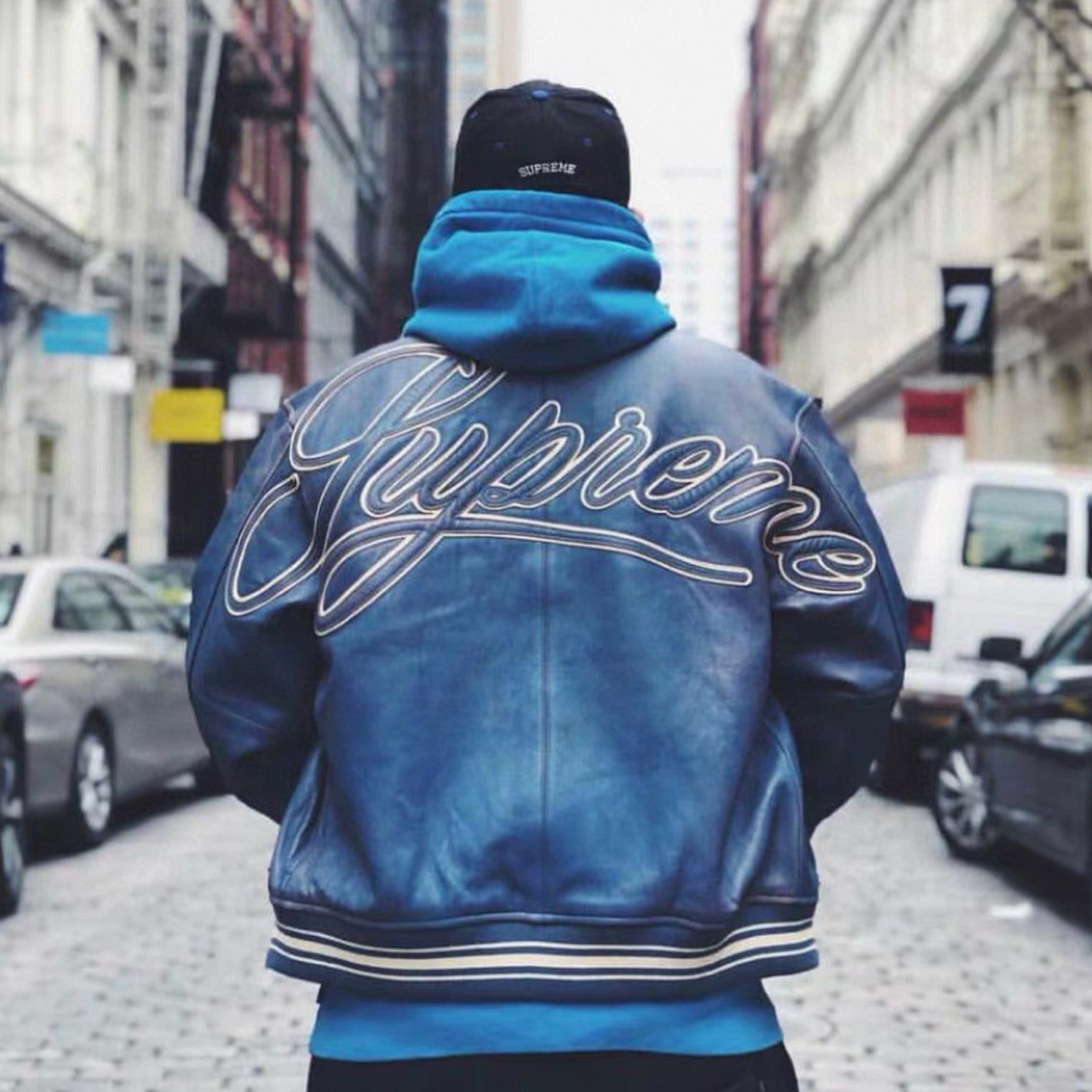 Supreme Men's Women's Spring And Autumn Blue Single Breasted Old Fashion Long Sleeve Loose Leather Jacket #98716