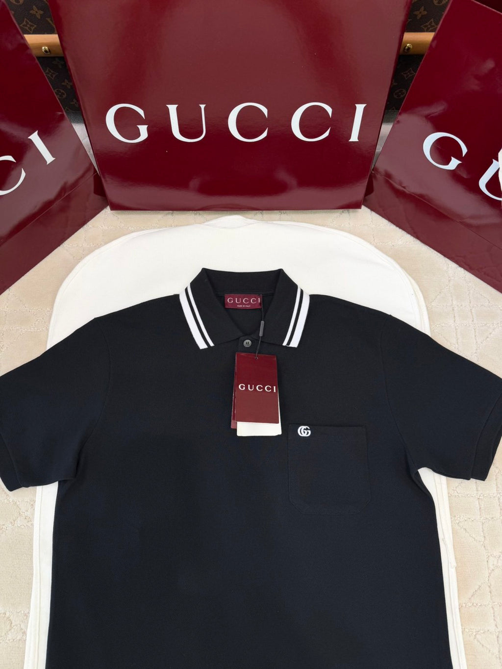 Gucci Men's Summer Striped Lapel Solid Color Straight Cotton Polo Shirt Short Sleeve T-Shirt #75296