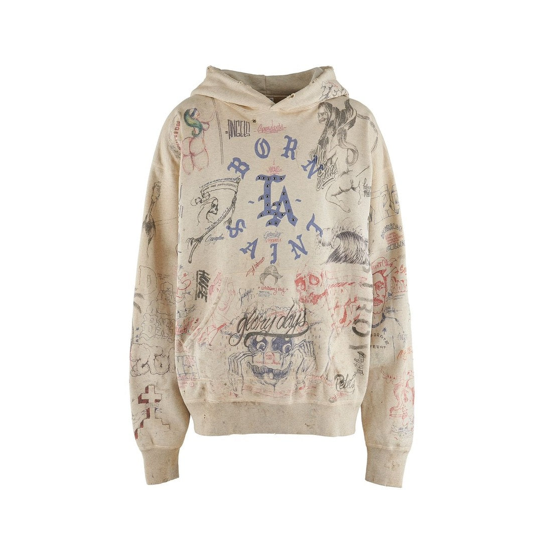 Saint Michael x Born x Raised Men's Spring And Autumn Graffiti Cotton Hooded Pullover Fitted Solid Color Long Sleeve Sweatshirt Ngvp #9284