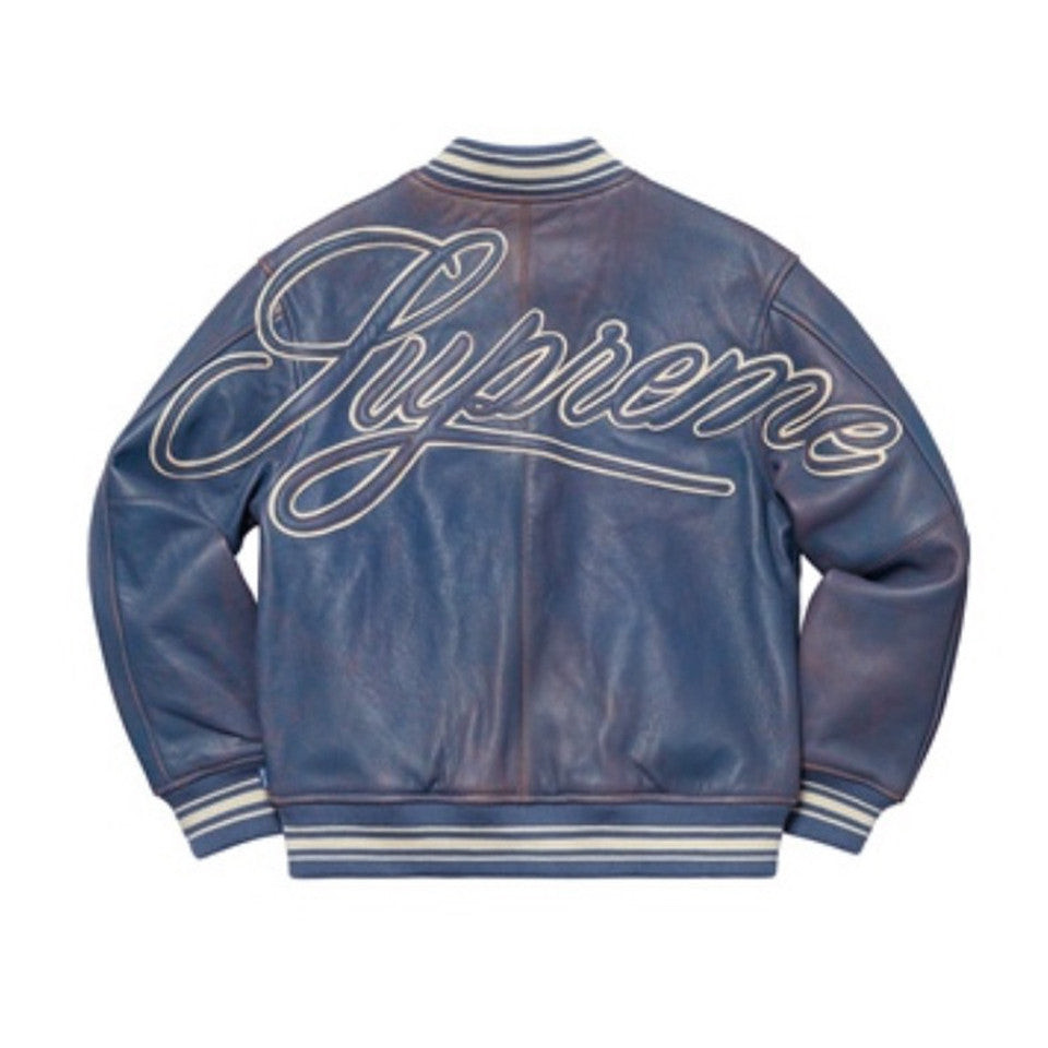 Supreme Men's Women's Spring And Autumn Blue Single Breasted Old Fashion Long Sleeve Loose Leather Jacket #98716