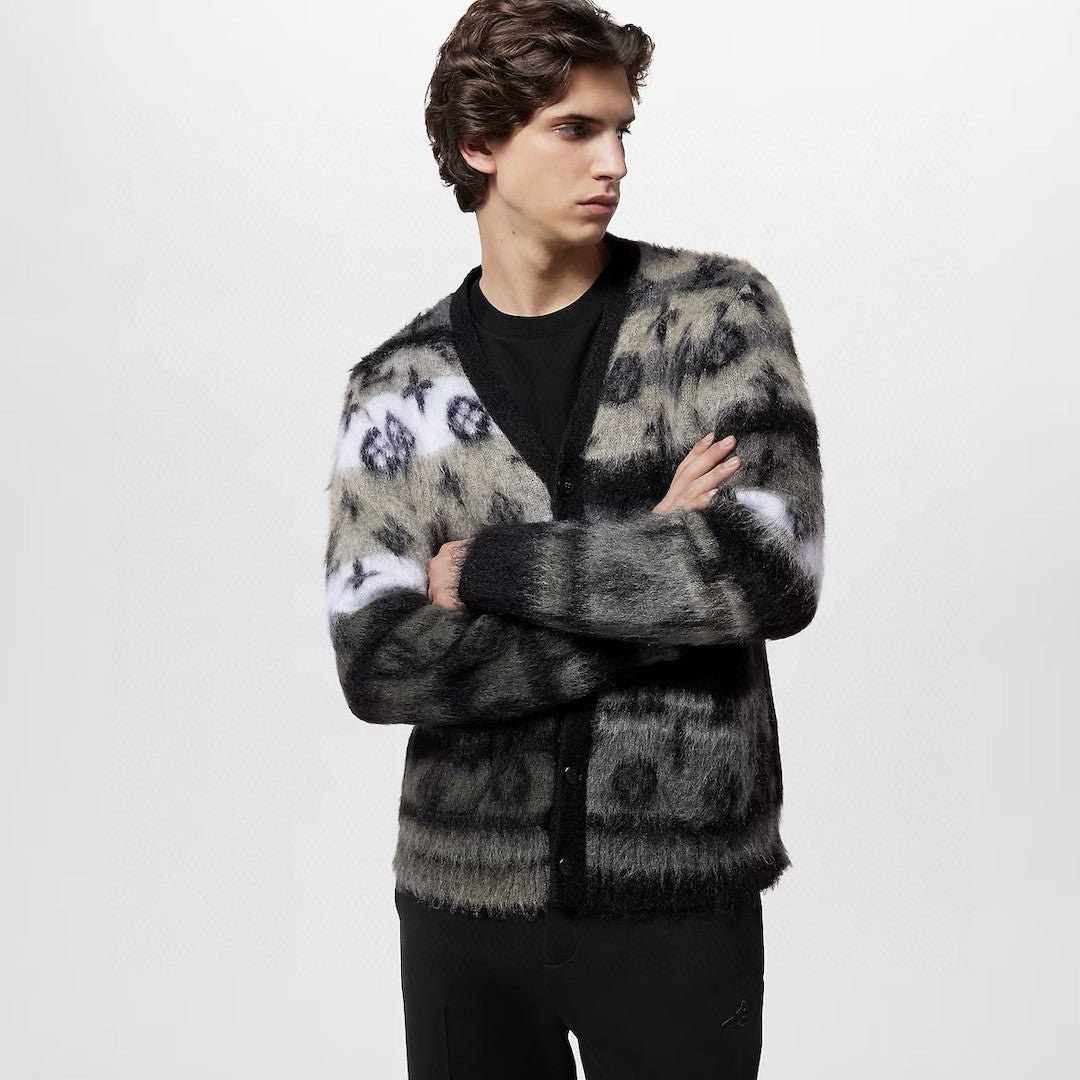 Louis Vuitton Men's Fall And Winter Black And White Jacquard Long Wool Sweater Cardigan#286539