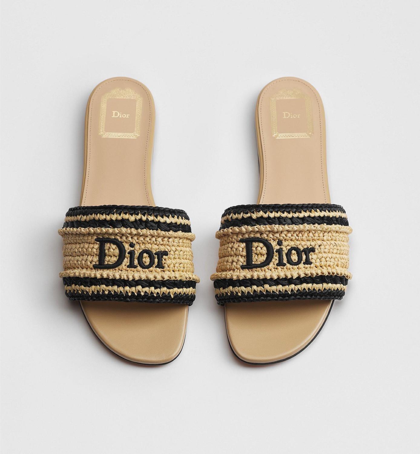 DIOR Dioriviera Dior Woven Slide Soupir Pink Crocheted Raffia-Effect Technical Fabric #387794