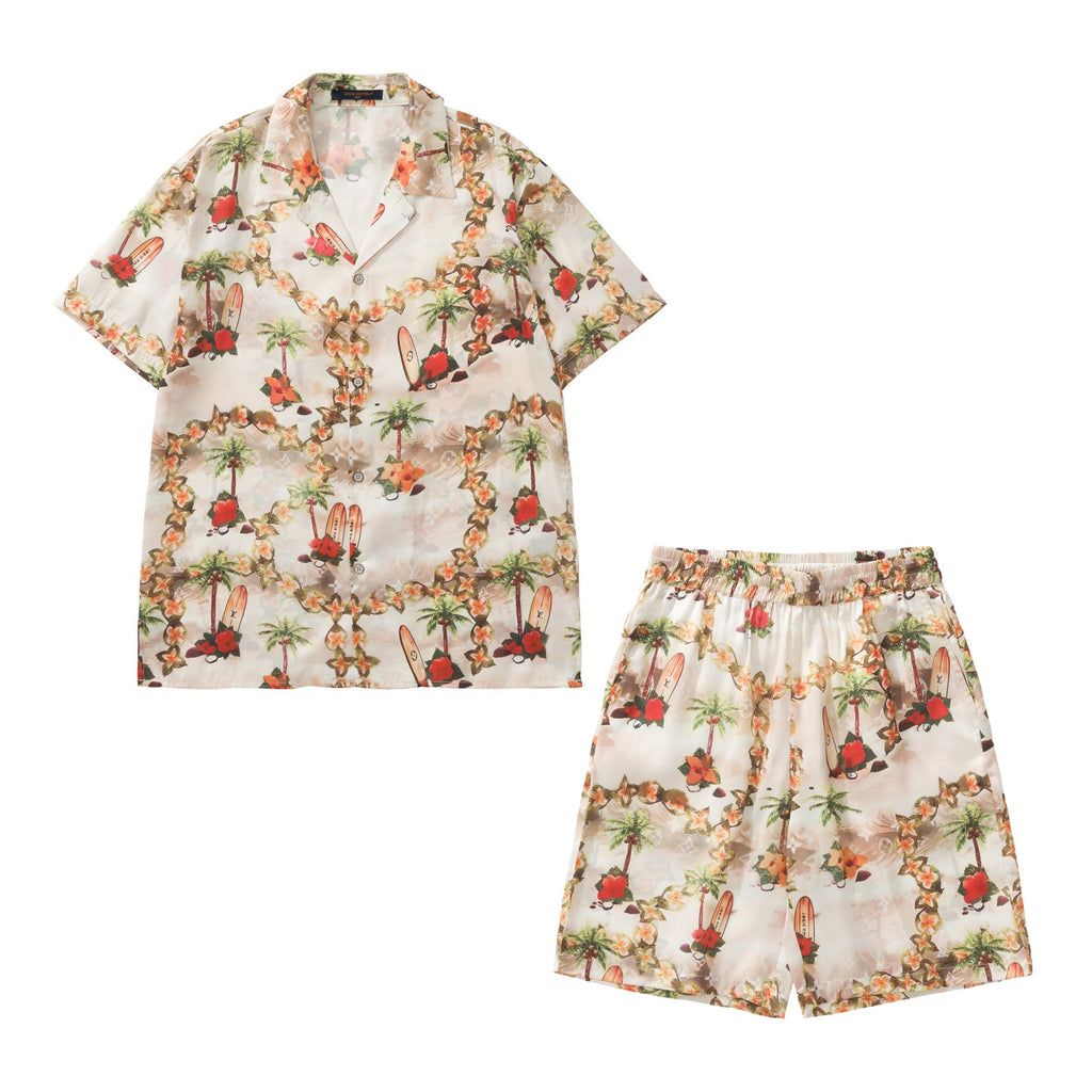 Louis Vuitton Men's Summer Floral Beach Print Single Breasted Short Sleeve Shirt Elasticated Waist Shorts Set Suit #72421