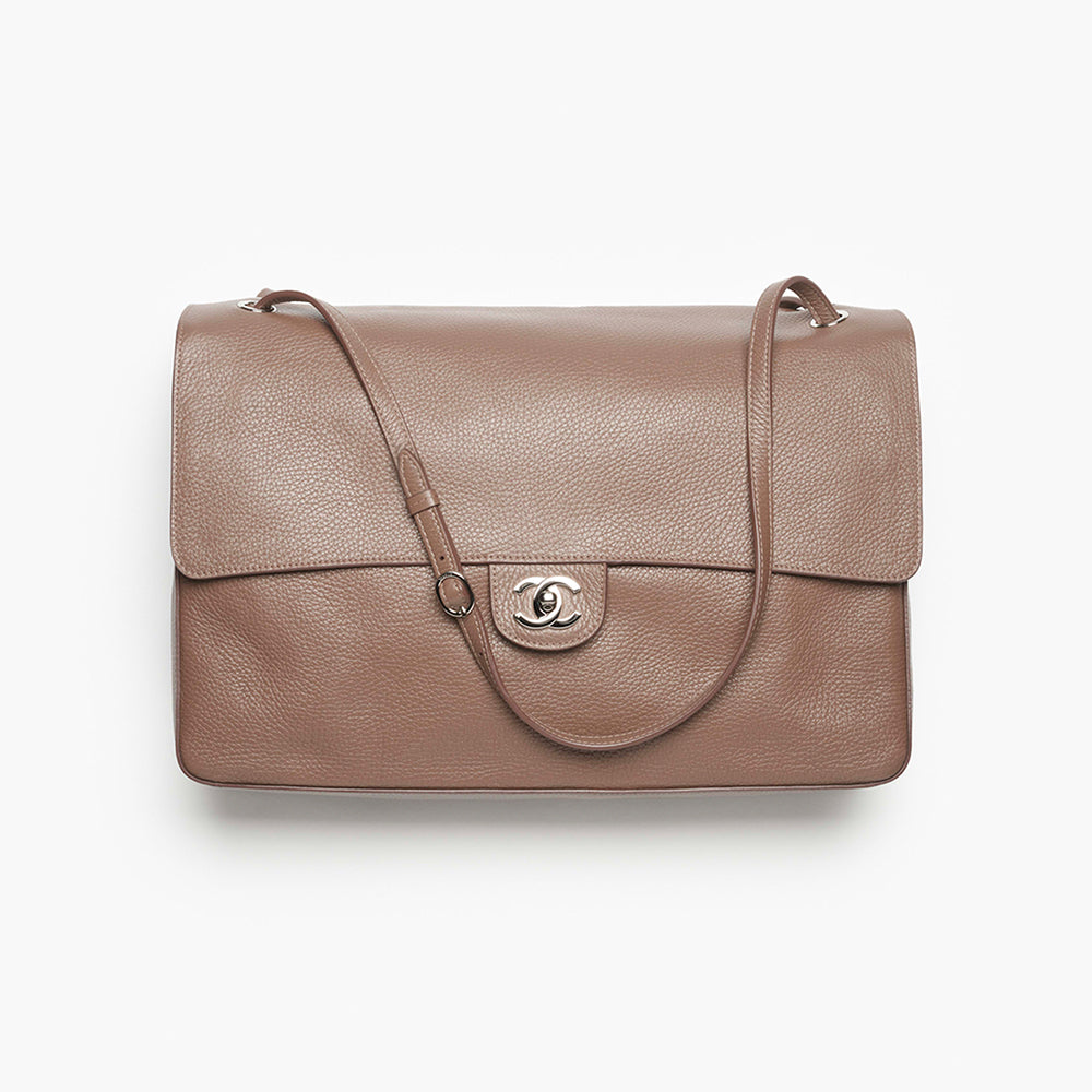 CHANEL Maxi Flapbag Grained Calfskin Silver Metal Light Brown #377491