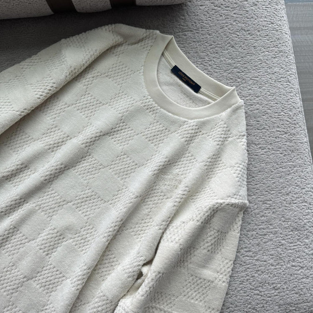 Louis Vuitton Men's Summer Solid Color Checkered Print Terry Fabric Crew Neck Short Sleeve T-Shirt #77881