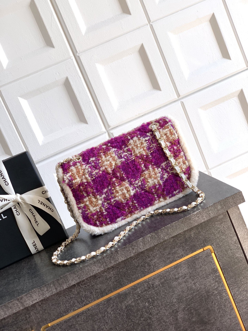 Chanel Large Flap Bag Tweed Shearling Lambskin #333980