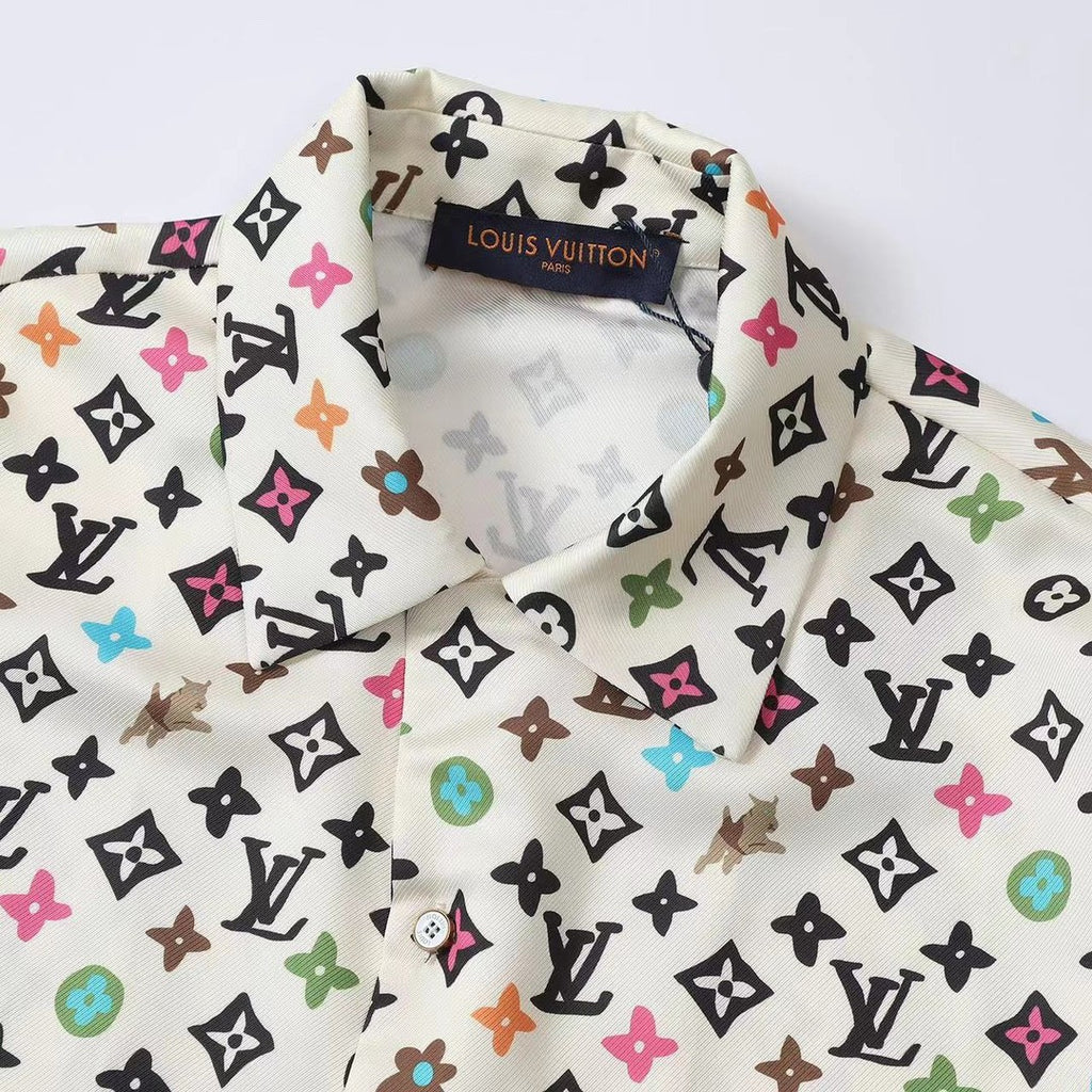 Louis Vuitton Men's Summer Logo Full Print Single Breasted Short Sleeve Shirt Elasticated Waist Shorts Suit Set #75224