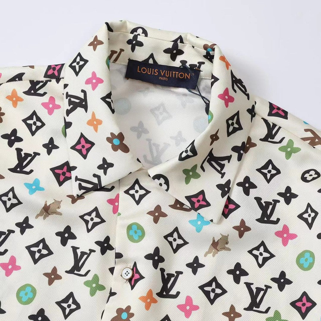 Louis Vuitton Men's Summer Logo Full Print Single Breasted Short Sleeve Shirt Elasticated Waist Shorts Suit Set #75224