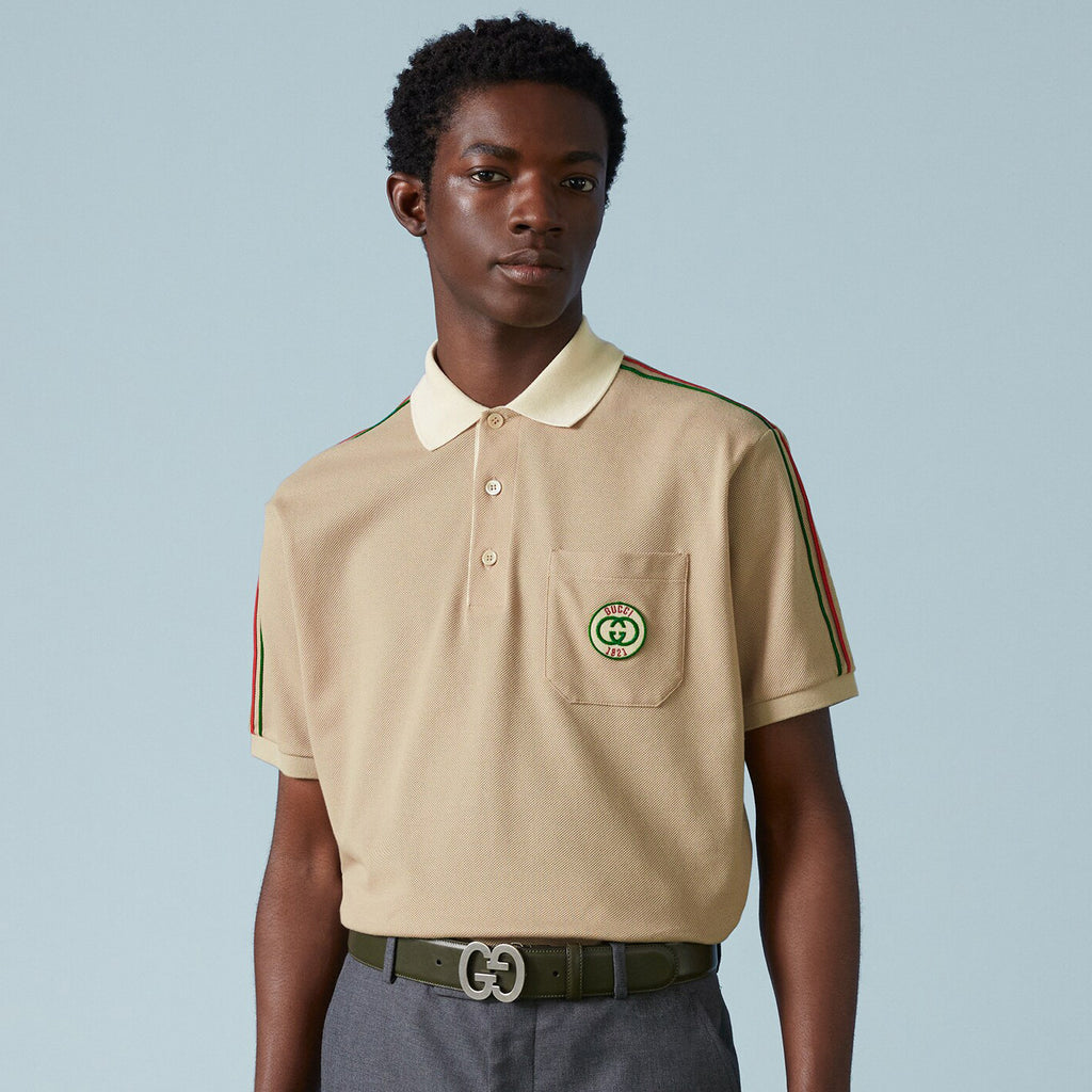 Gucci Men's Summer Khaki Striped Trim Cotton Polo Neck Short Sleeve T-Shirt #98683