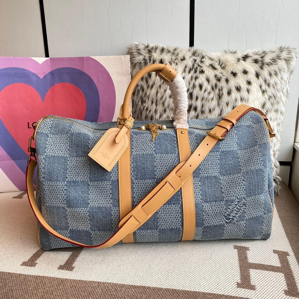 Louis Vuitton Keepall Bandoulière 50 Men's and Women's Detachable Adjustable Shoulder Strap Zipper Closure Denim Step Shoulder Tote Travel Bag Bags #75562