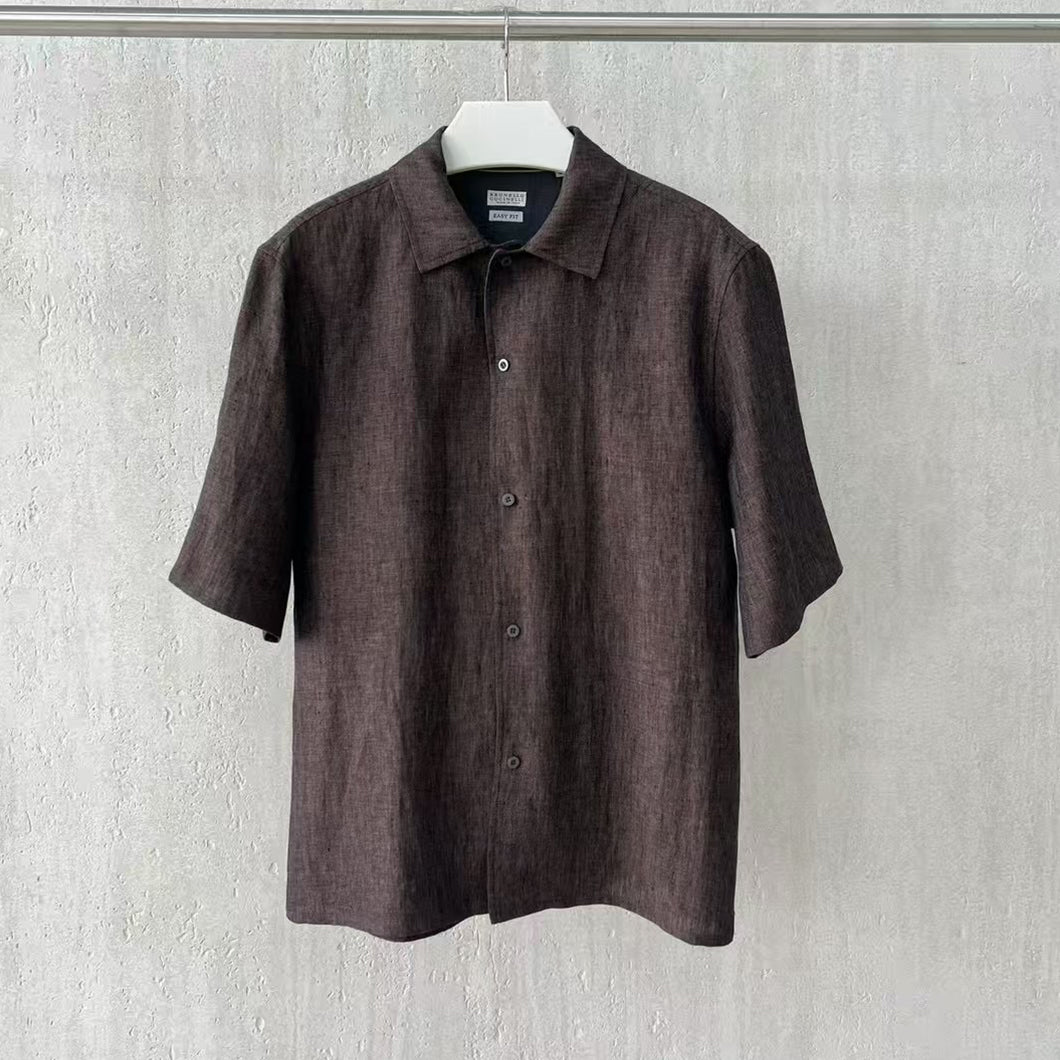 Brunello Cucinelli Men's Linen Loose Summer Single-Breasted Solid Color Lapel Short Sleeve Shirt Ngvp #1454