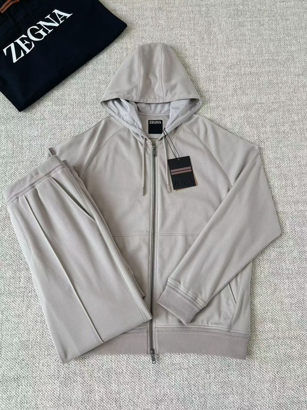 Zegna Solid Color Cotton Casual Hooded Zipper Sweatshirt and Pants #377852