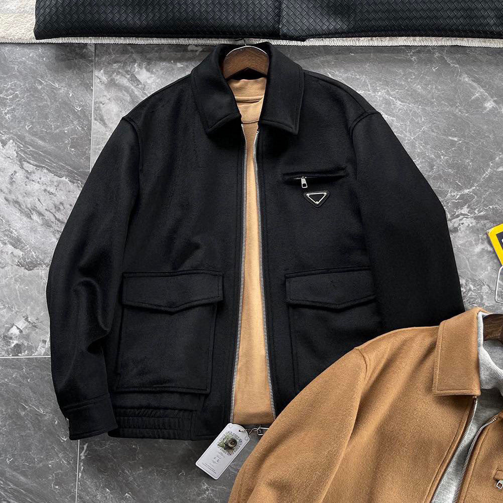 Prada Men's Autumn/Winter Inverted Triangle Logo Sheep Wool Lapel Zip Up Long Sleeve Jacket #97881