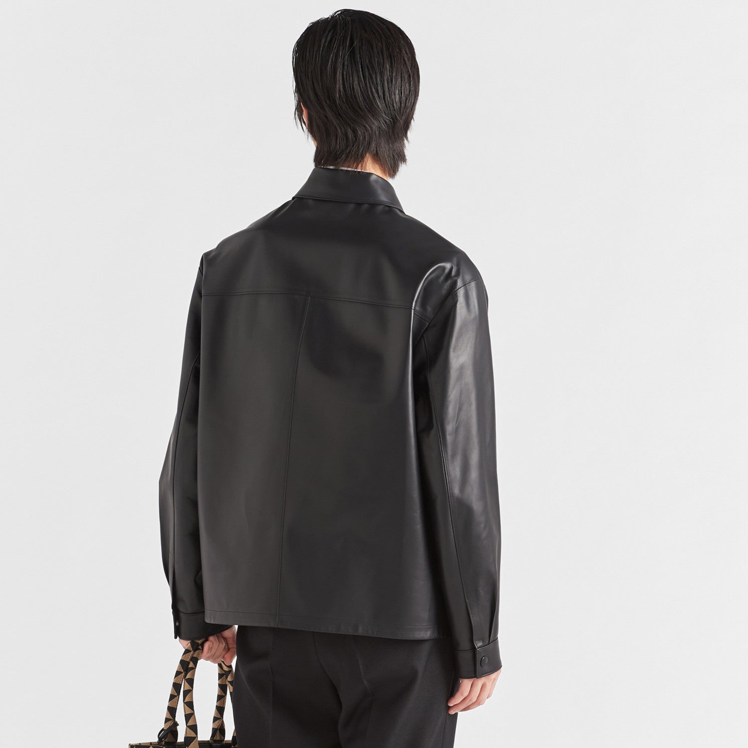 Prada Men's Fall/Winter Fashion Casual Solid Color Lapel Single Breasted Leather Jacket With Logo Triangle Emblem Jacket #79343