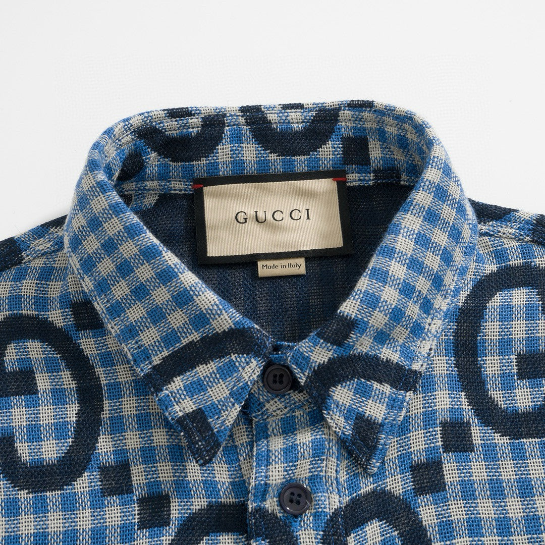 Gucci Men's Spring and Autumn Blue Letter Printed Single Breasted Long Sleeve Lapel Shirt #98873