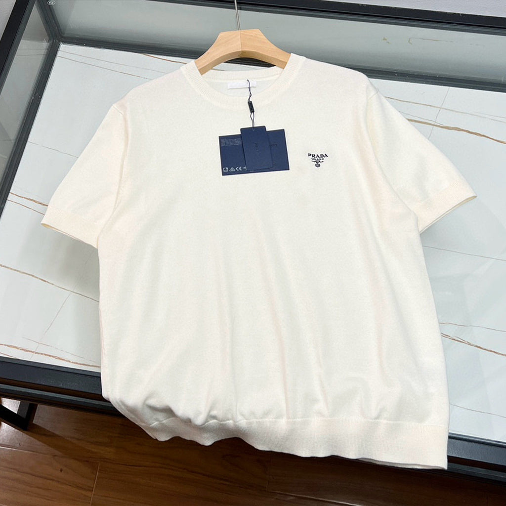 Prada Men's Spring/Summer Solid Color Logo Embroidery Superfine Wool Crew Neck Short Sleeve Sweater #98319