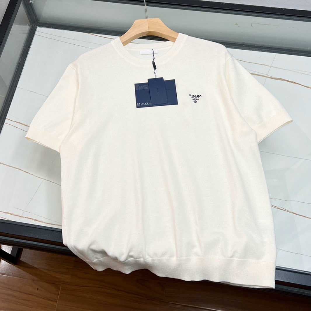 Prada Men's Spring/Summer Solid Color Logo Embroidery Superfine Wool Crew Neck Short Sleeve Sweater #98319