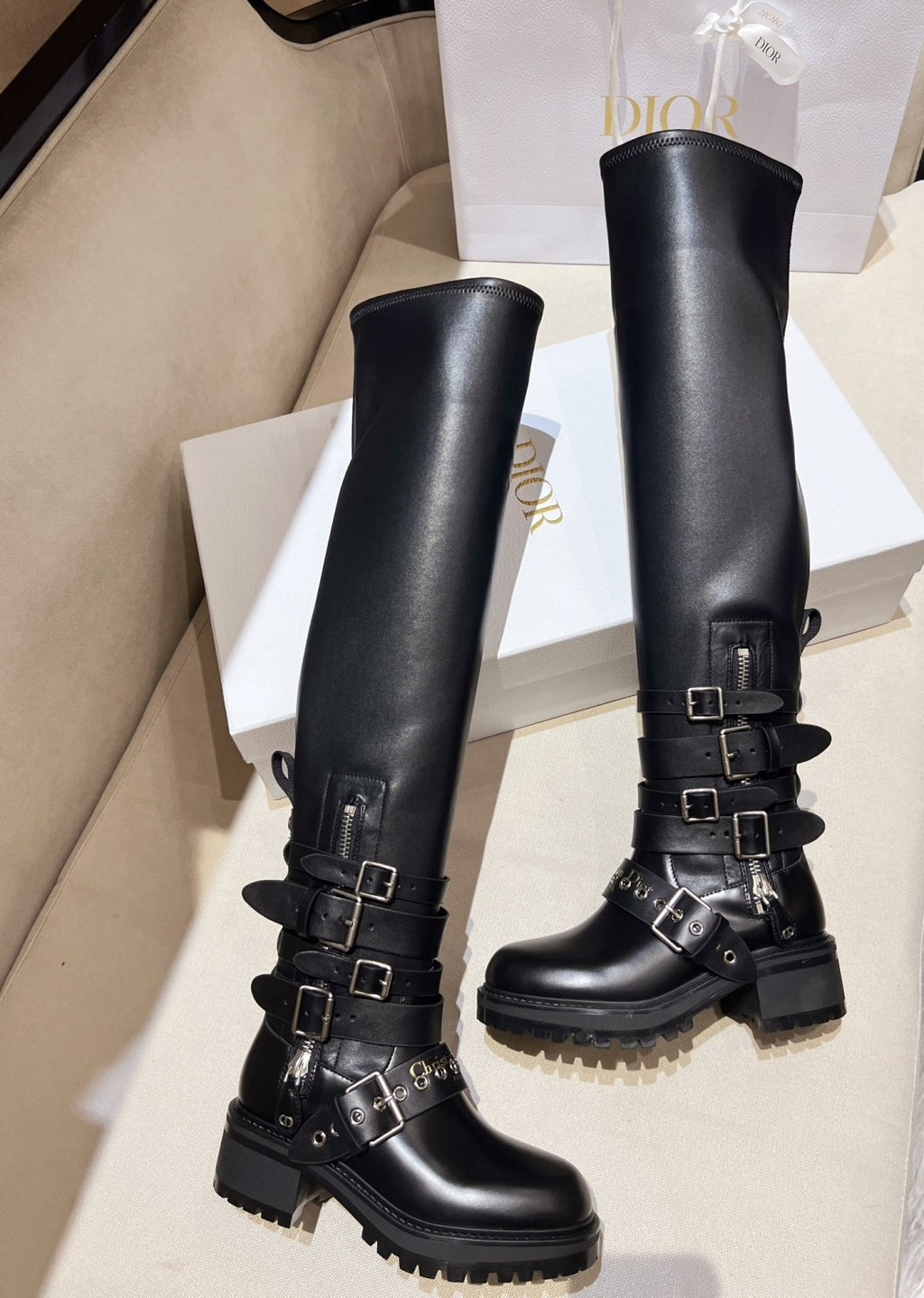 Dior D-Fight Women's Fall/Winter Classic Fashion Round-Toe Zipper Chunky Heel Leather Over-the Knee Boots Shoes #78766