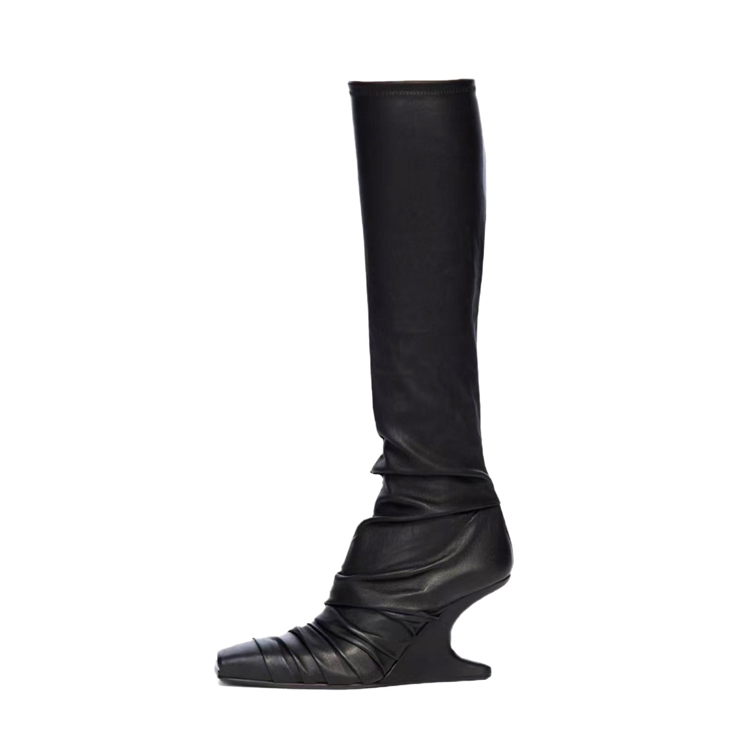 Rick Owens Women's Fall/Winter Fashion Classic Leather Booties Cowhide and Sheepskin Blend in Brown Lambskin Fishmouth Square Toe Design Fur Trimmed Panels Long Boots Shoes #79497