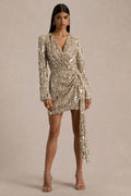 Carmina | Gold Sequin Plunge-Neck Wrap Mini Dress With Sash Detail