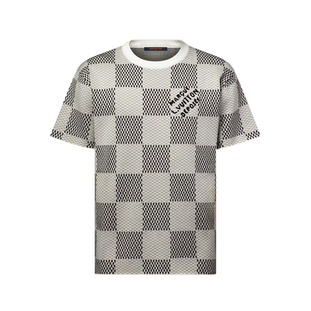 Louis Vuitton ﻿Men's Summer Check Letter Jacquard Damier Cotton Crewneck Round Neck Solid Color Short Sleeve T-Shirt #71878