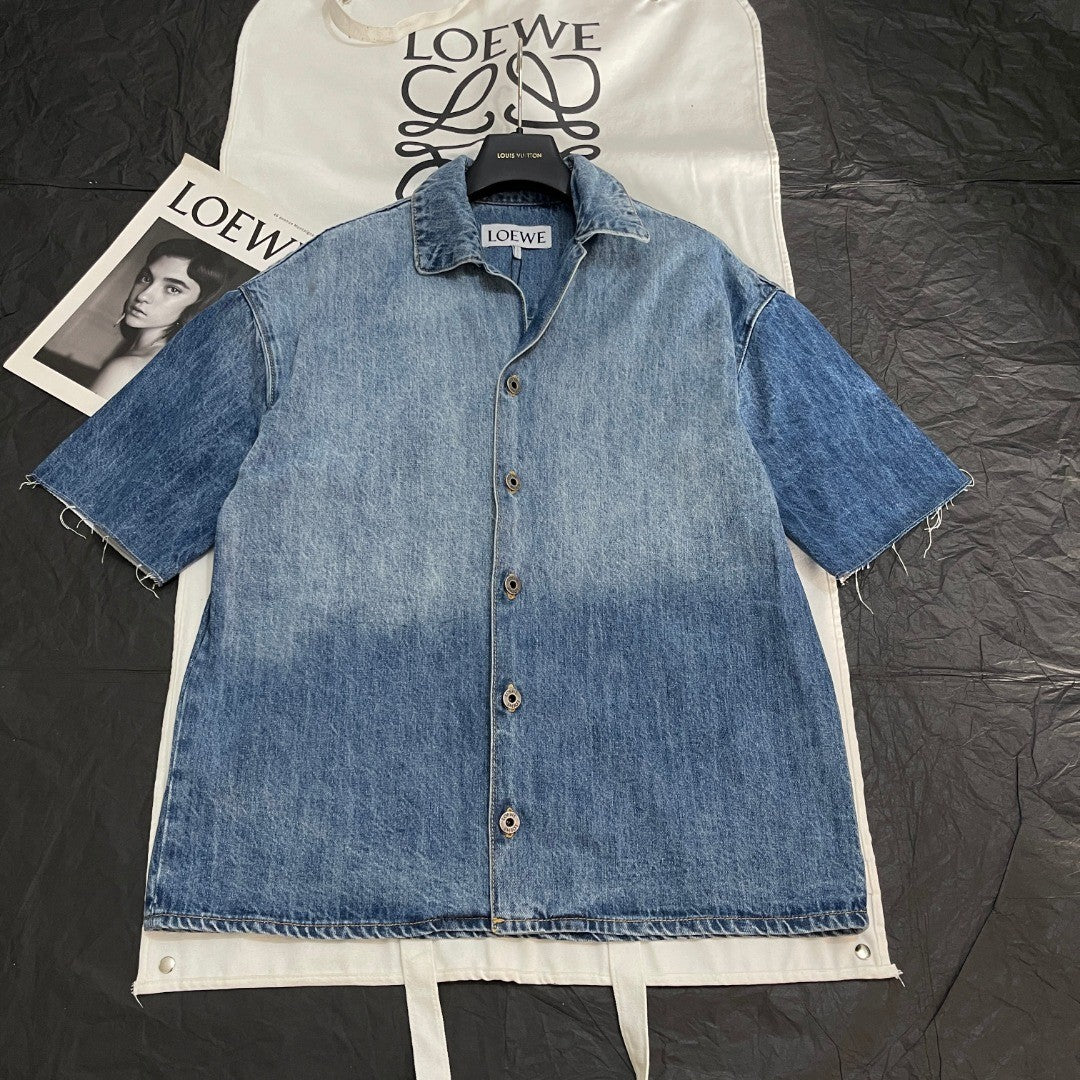 Loewe Men's Spring/Summer Fashion Casual Cotton Collared Single-breasted Patterned Printed Washed Denim Short-sleeved Shirt #78251