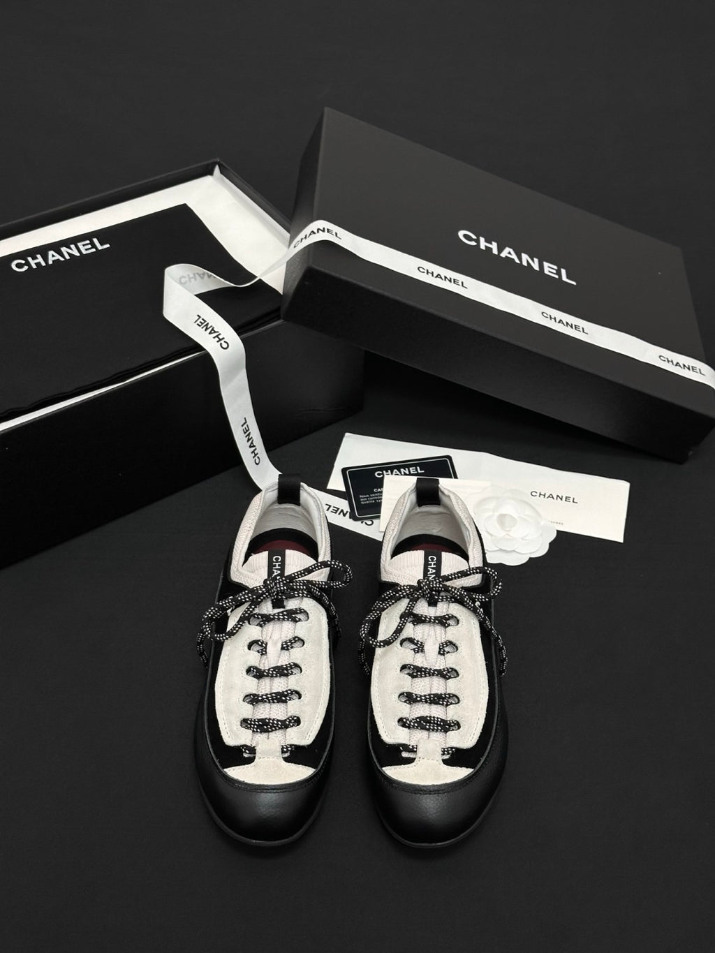 CHANEL Sneakers Velvet Calfskin Mixed Fibers Black White #386505